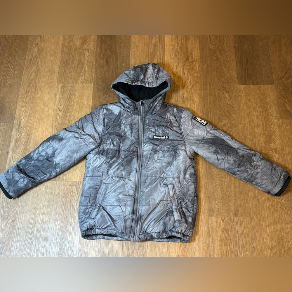 Timberland Storm Printed Puffer Coat Boys 14-16 Gray Hooded Full Zip Warm Lined